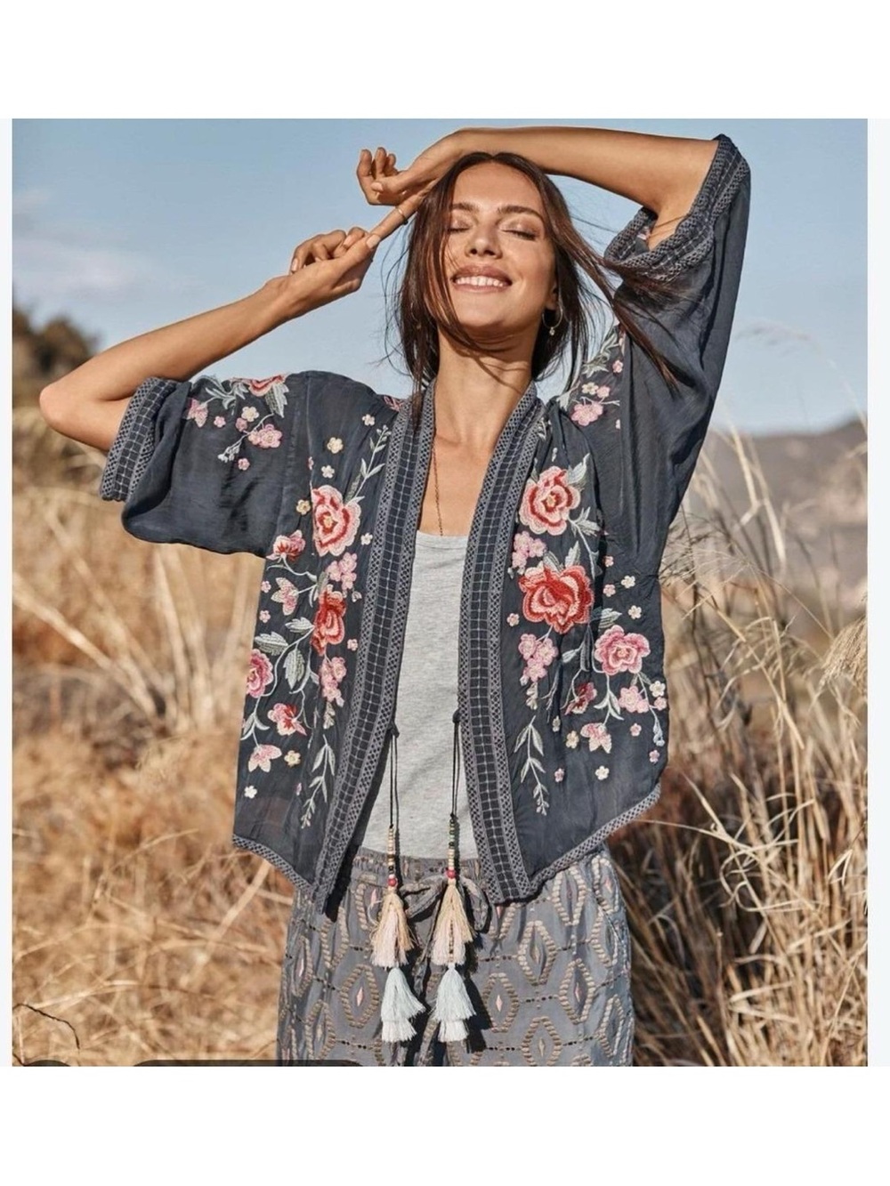 Johnny Was floral embroidered kimono cardigan tassels roses small blue grey